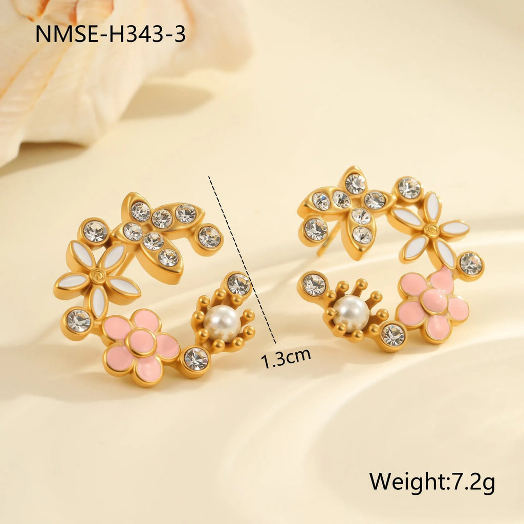 Colourful flower stud earrings with petal design on stainless steel with 18K gold electroplating