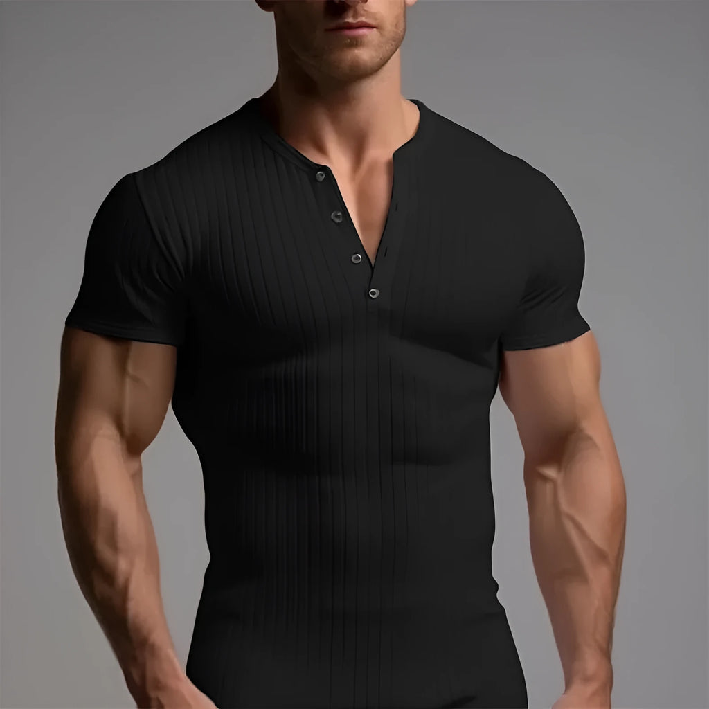 Men's slim-fitting muscle cut sports T-shirt in polyester, shown in solid army green colour.