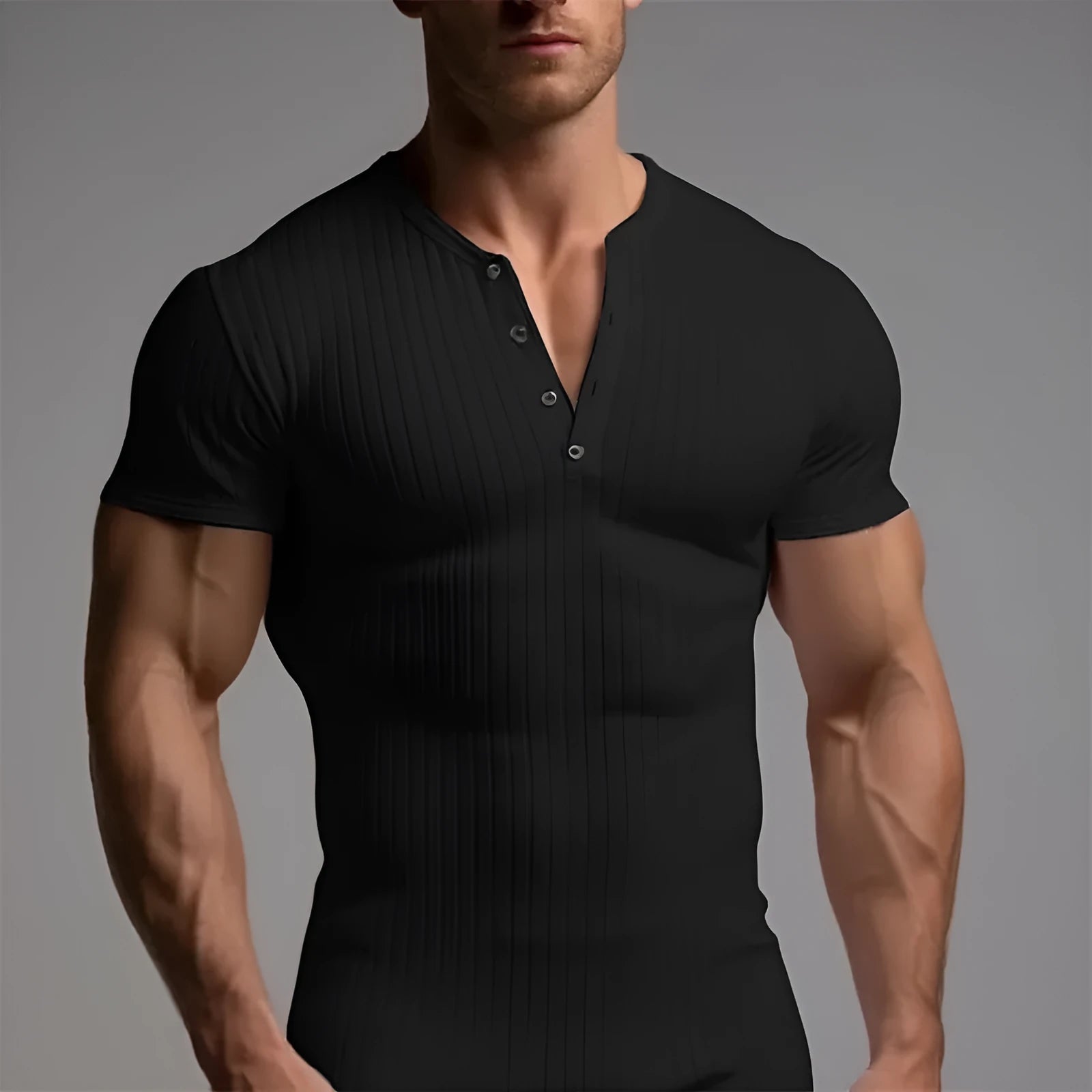 Men's slim-fitting muscle cut sports T-shirt in polyester, shown in solid army green colour.