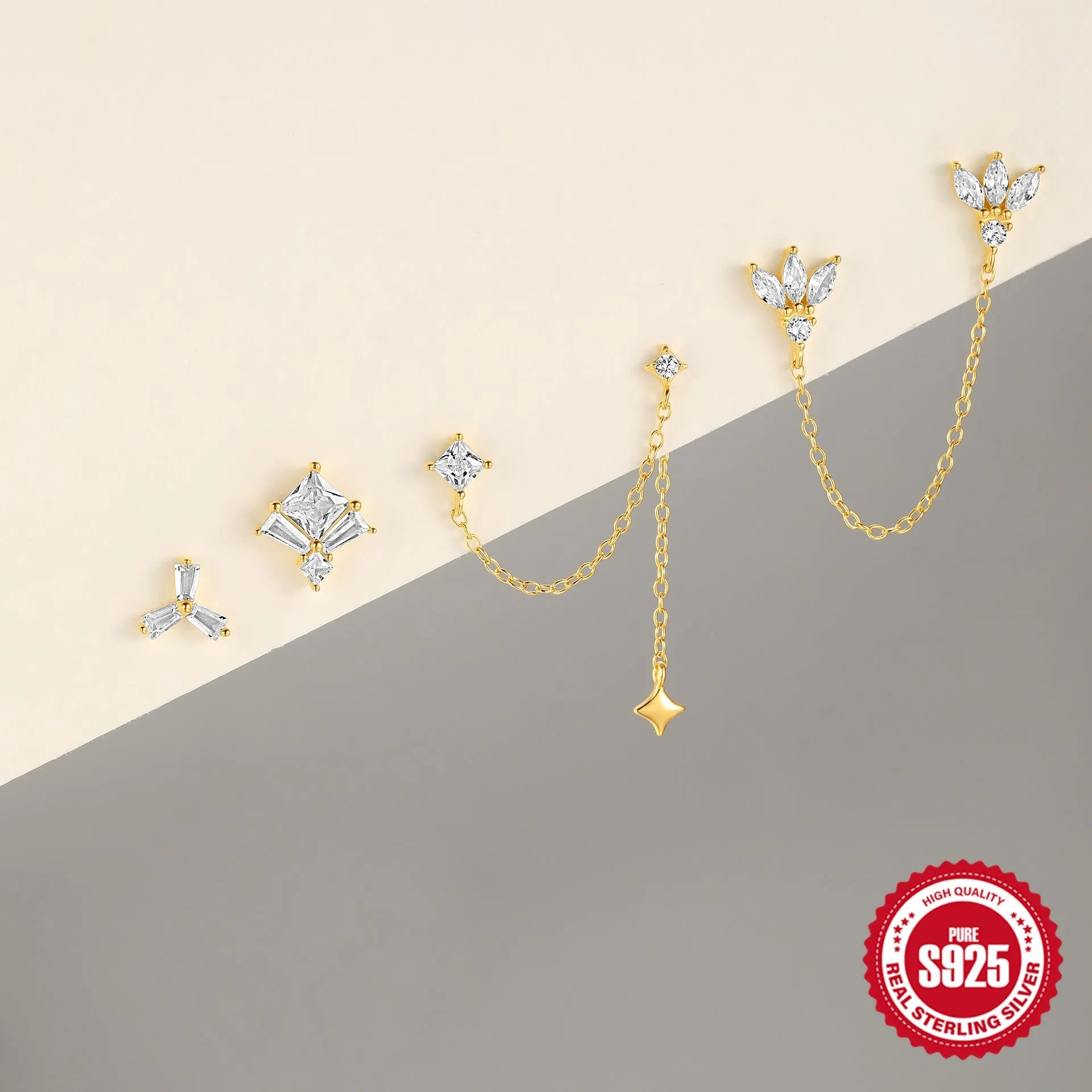 S925 sterling silver double ear piercing chain stud earrings with zircon stones in golden geometric designs