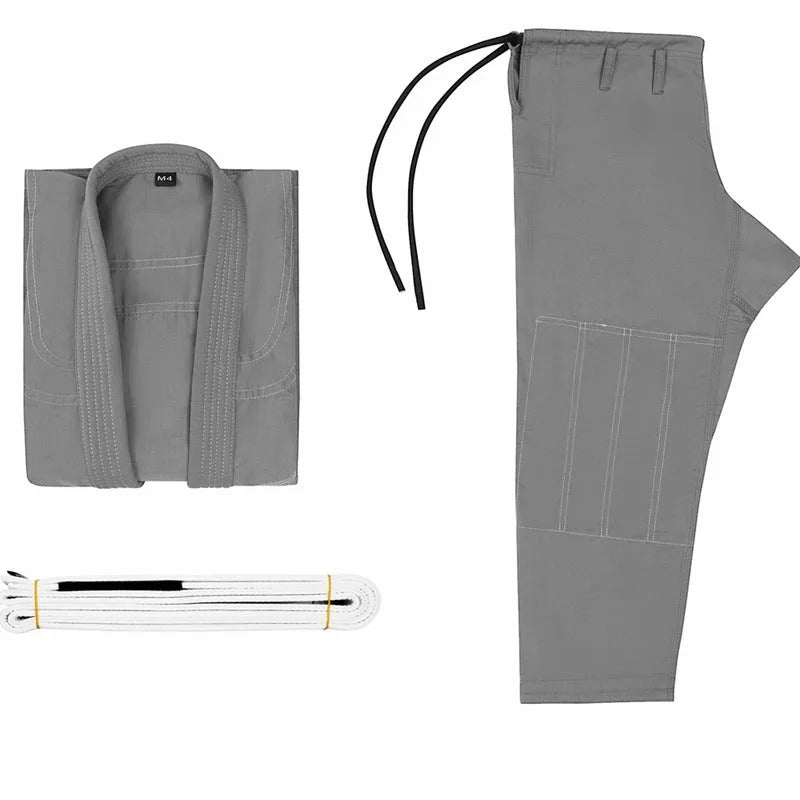 Brazilian Jiu-Jitsu uniform set with top and trousers in multiple colours on a white background.