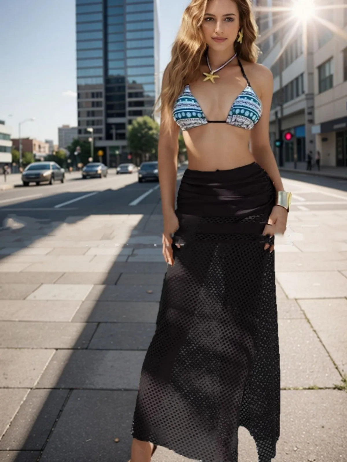 Women's brown, pink, or black three-piece bikini set with a fishnet long skirt on a white background.