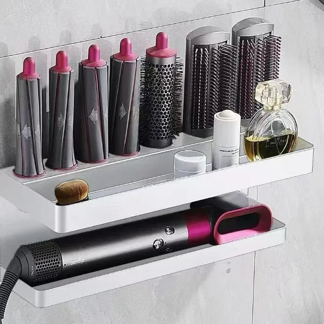 White double layer punch-free bathroom storage rack holding Marcel wavers and hair curlers