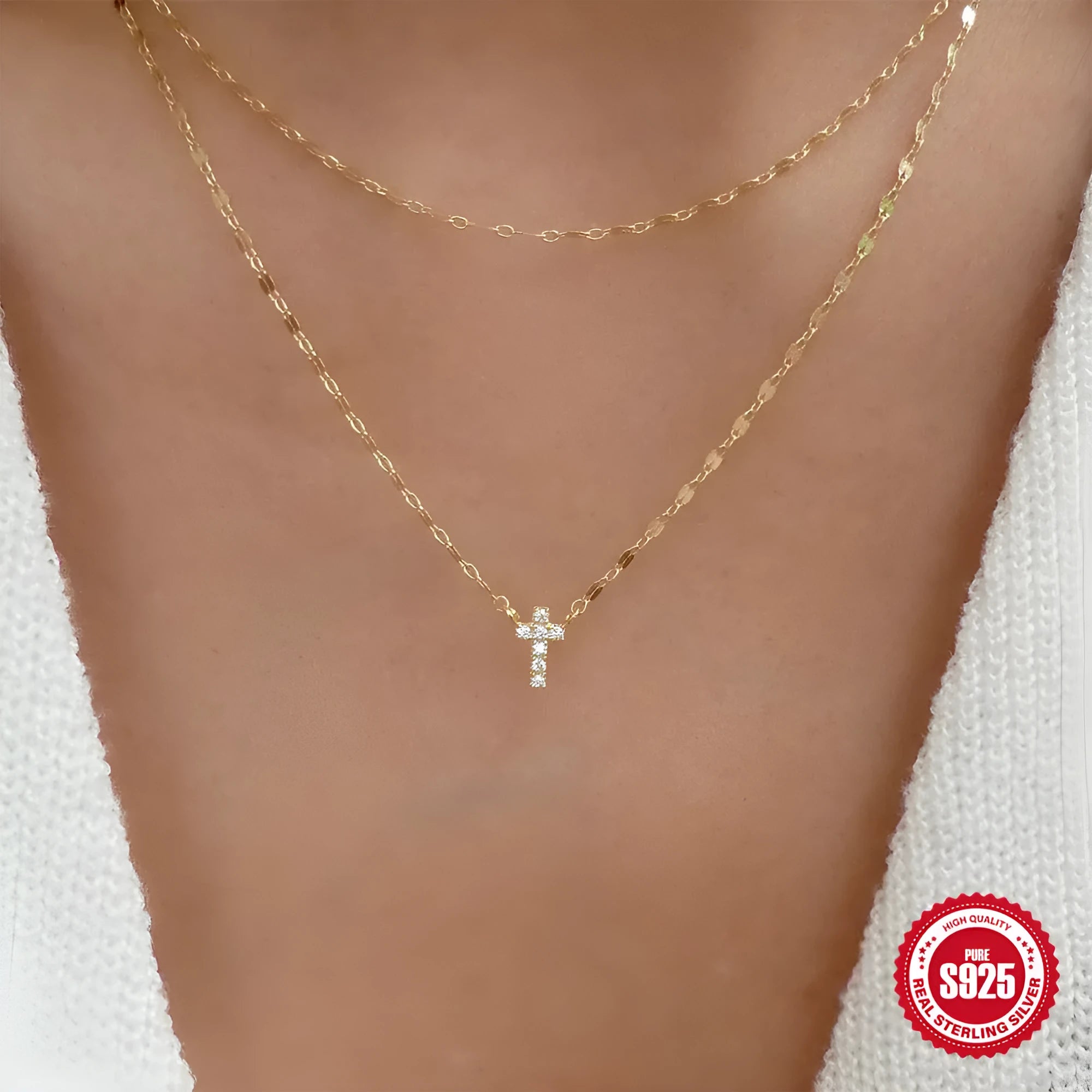 S925 sterling silver double-layer cross pendant with twin diamonds on delicate clavicle chain in gold colour