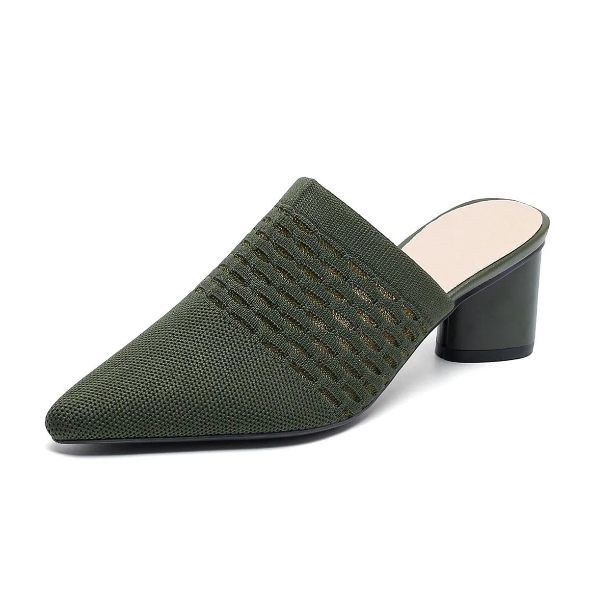 Women's black pointed toe sandals with fabric upper, toe cap, and chunky 5cm block heel