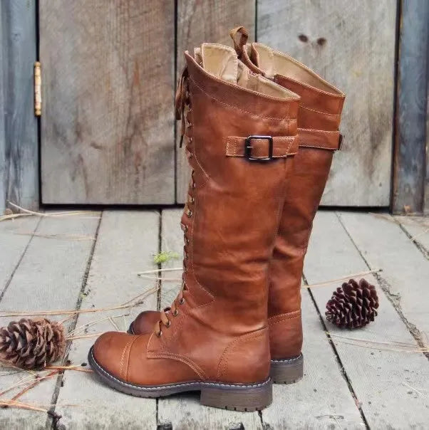 Casual solid-colour high leg boots with a chunky low heel and round toe in wine red