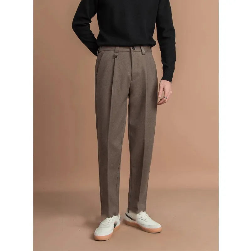 Men's straight-leg drape cut trousers in black, dark gray, khaki, and brown colours