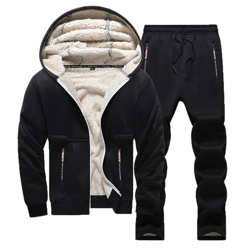 Fleece-lined thickened men's tracksuit in dark gray with hooded top and long trousers