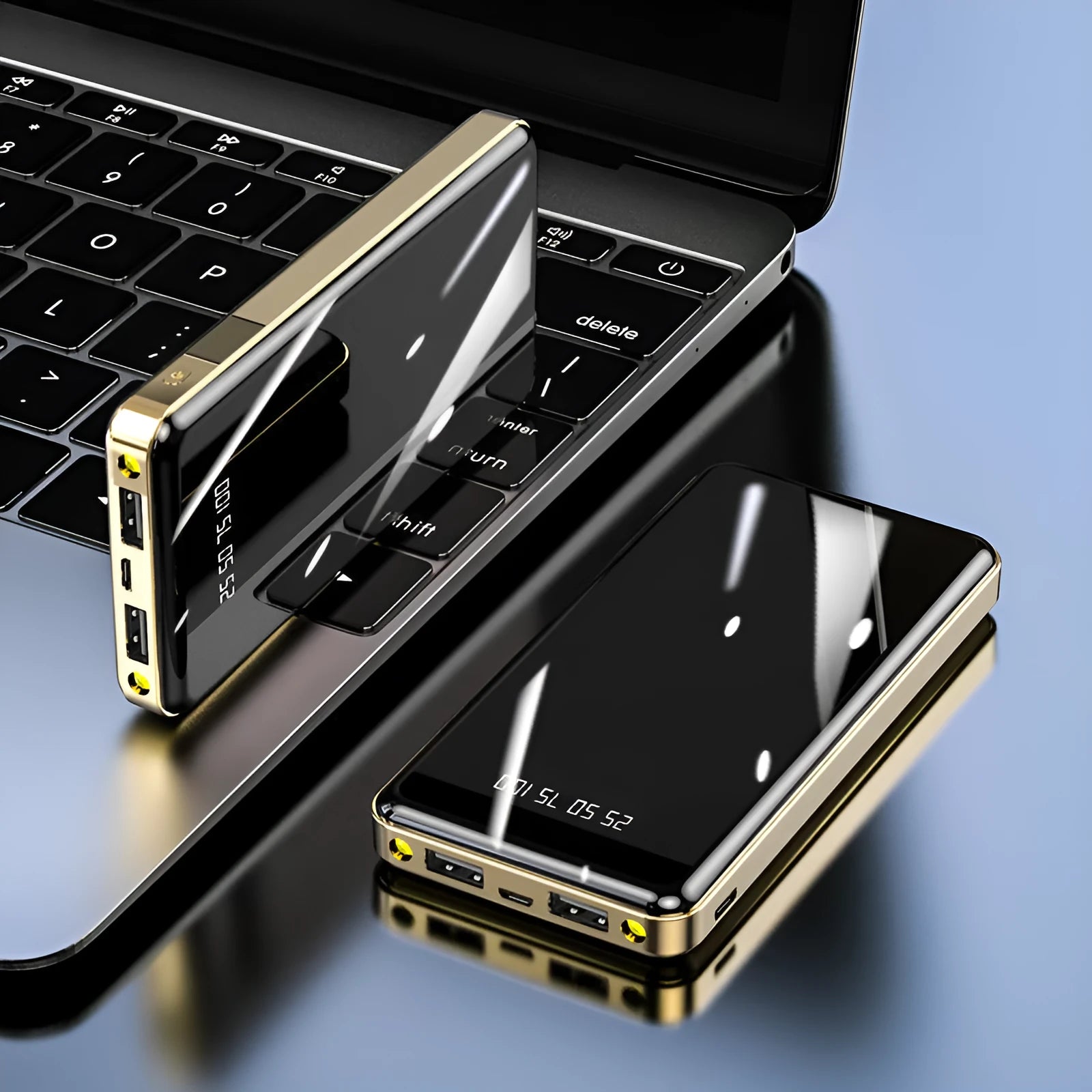 Mirror digital display power bank showing battery percentage, in choice of colours.