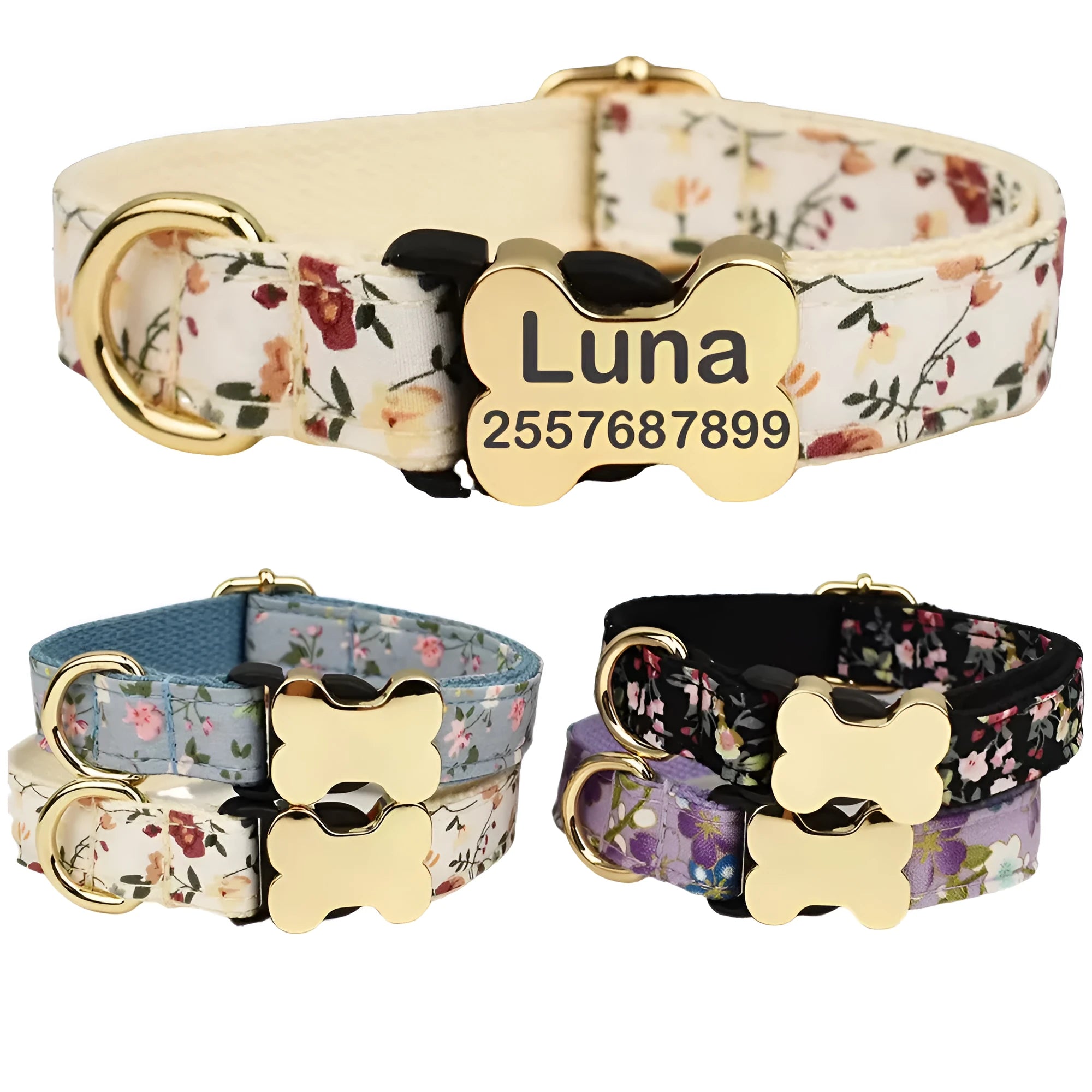 Flat nylon dog collar with printed grid pattern and a white bone-shaped buckle on a red background.