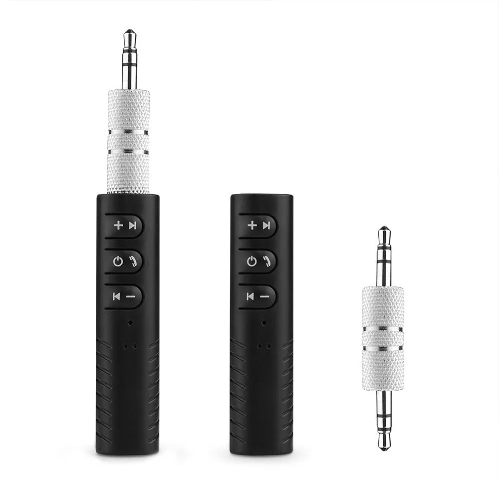 Black plastic Bluetooth audio receiver with 3.5mm plug and Mini USB port, size 1.4 x 1.5 x 5.8 cm