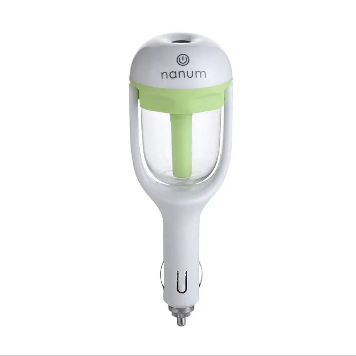 Portable car humidifier with rotating nozzle in blue, green, pink, or purple colours