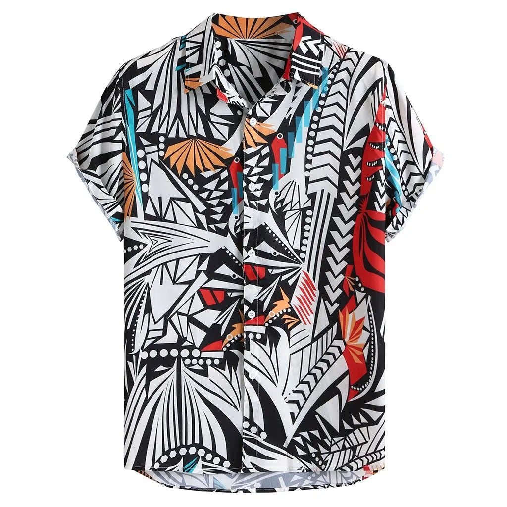 Men's Hawaiian casual shirt with lapel collar, loose fit, polyester fabric, available in blue colour