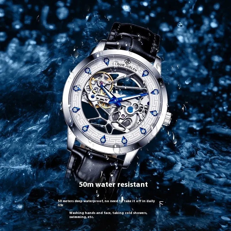 Men's silver stainless steel mechanical watch with black leather strap and white dial