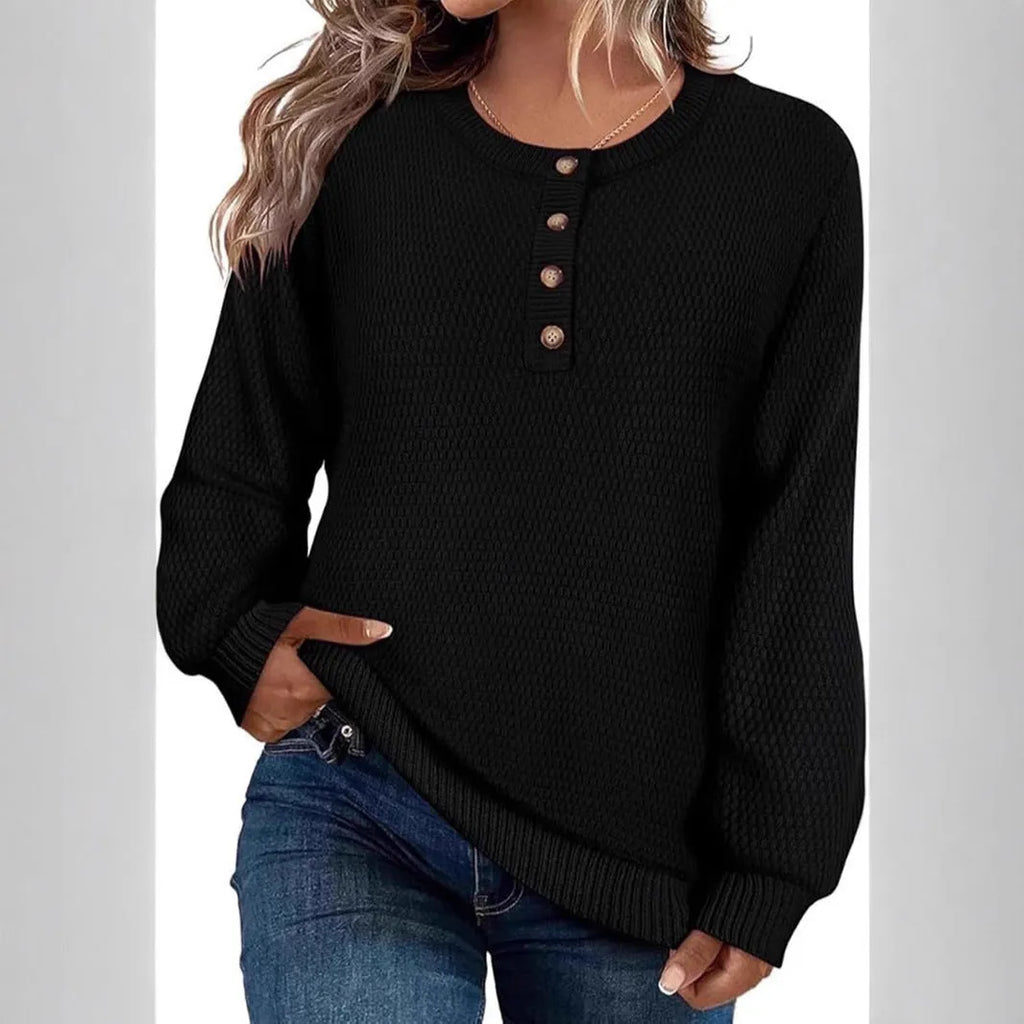 Solid colour buttons long sleeve round neck pullover sweater top in apricot, loose fit viscose blend
