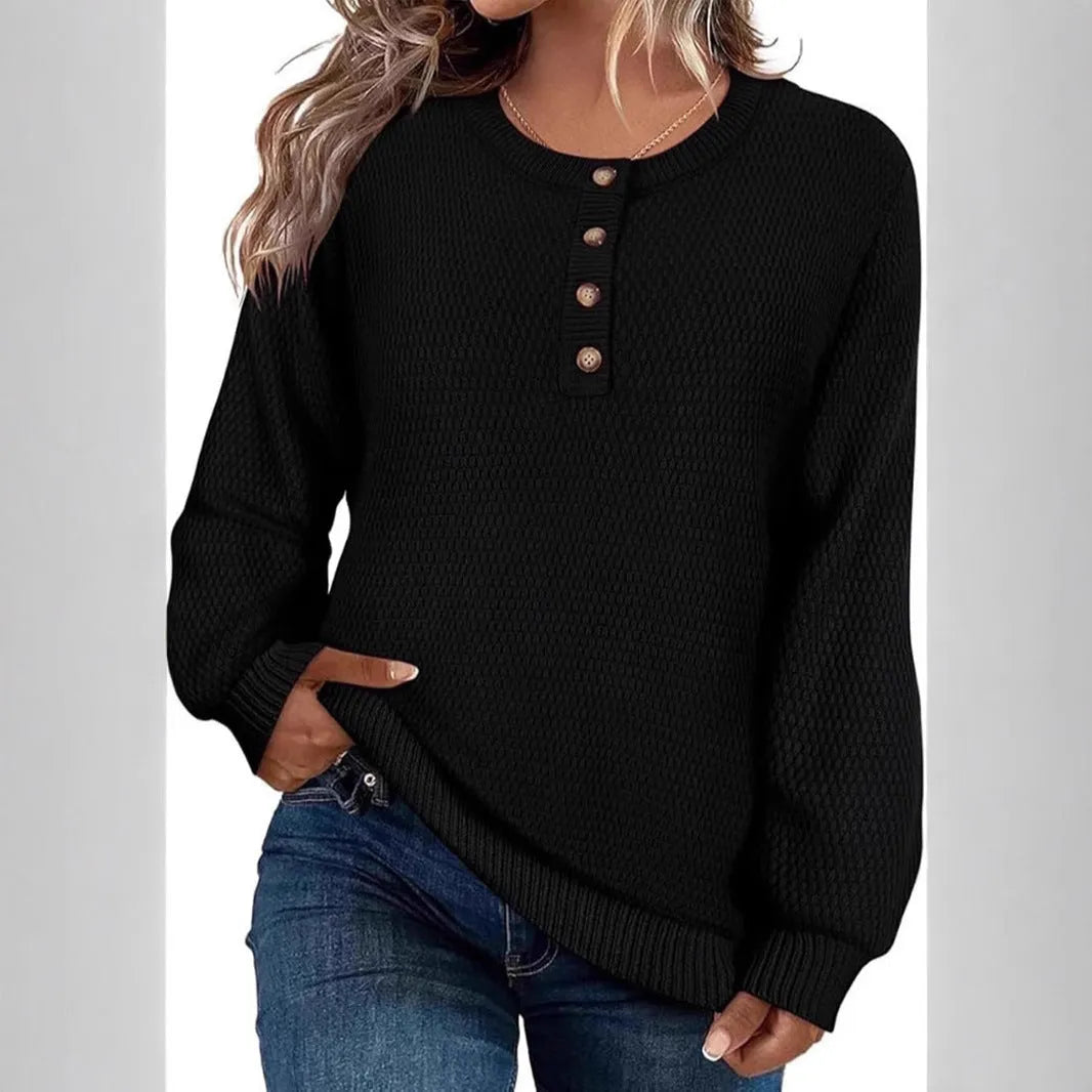 Solid colour buttons long sleeve round neck pullover sweater top in apricot, loose fit viscose blend
