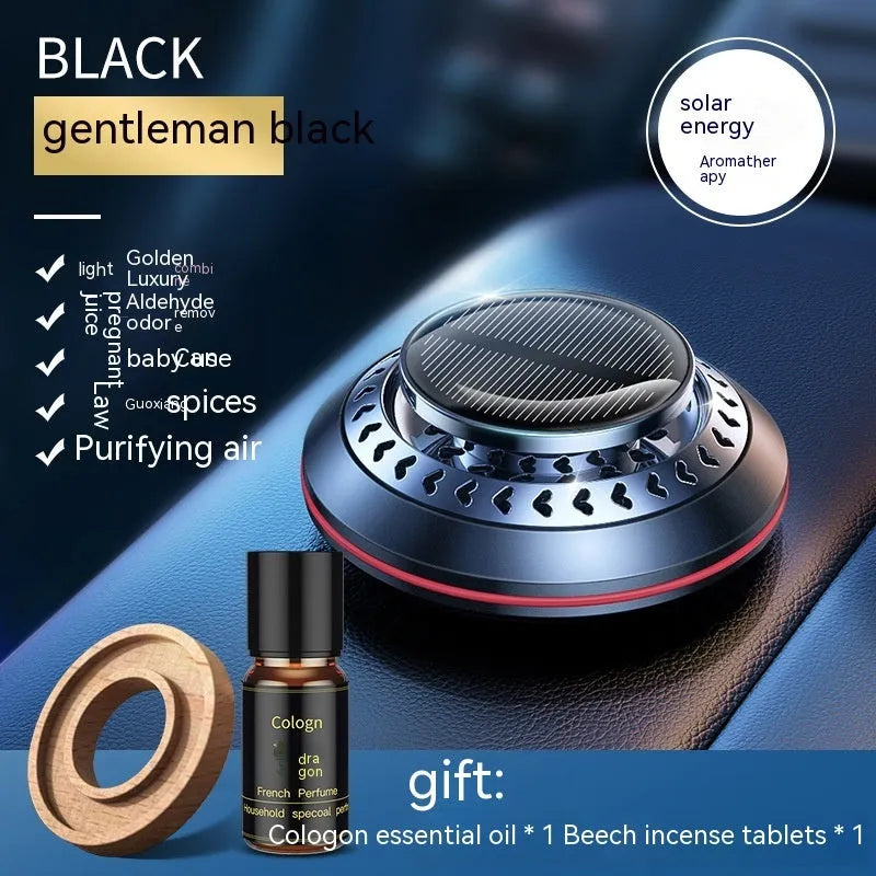 Solar car perfume and odour eliminator with aluminium alloy case in black, red, or silver colours