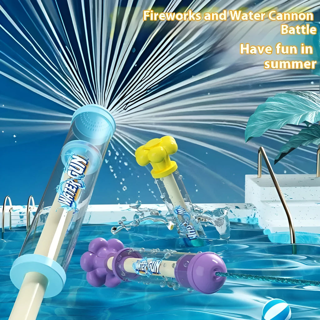 Blue 27cm plastic pull-out water gun toy on white background