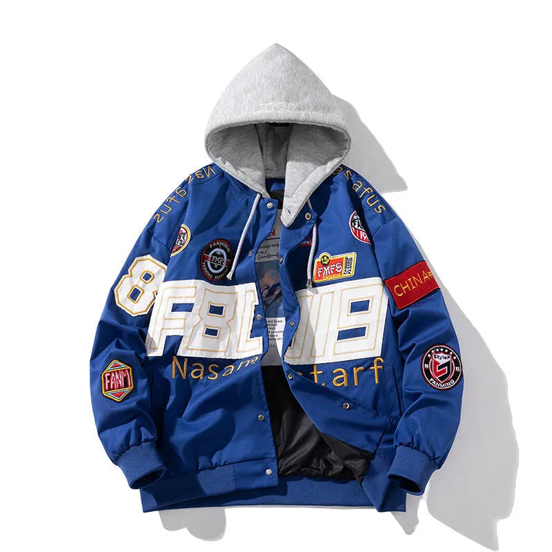 Black American motorcycle baseball uniform jacket with side pockets and removable hood