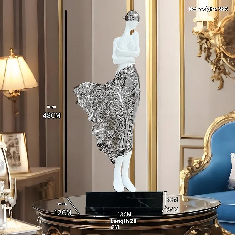 Light luxury beauty characters sculptured ornament in rose gold or silver, 48cm high on display.