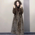 Plus size brown leopard print faux fur long coat on a hanger
