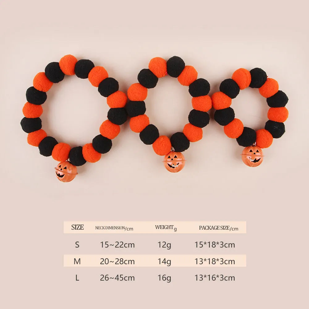 Orange Halloween pumpkin cat collar with adjustable buckle shown in small, medium, and large sizes