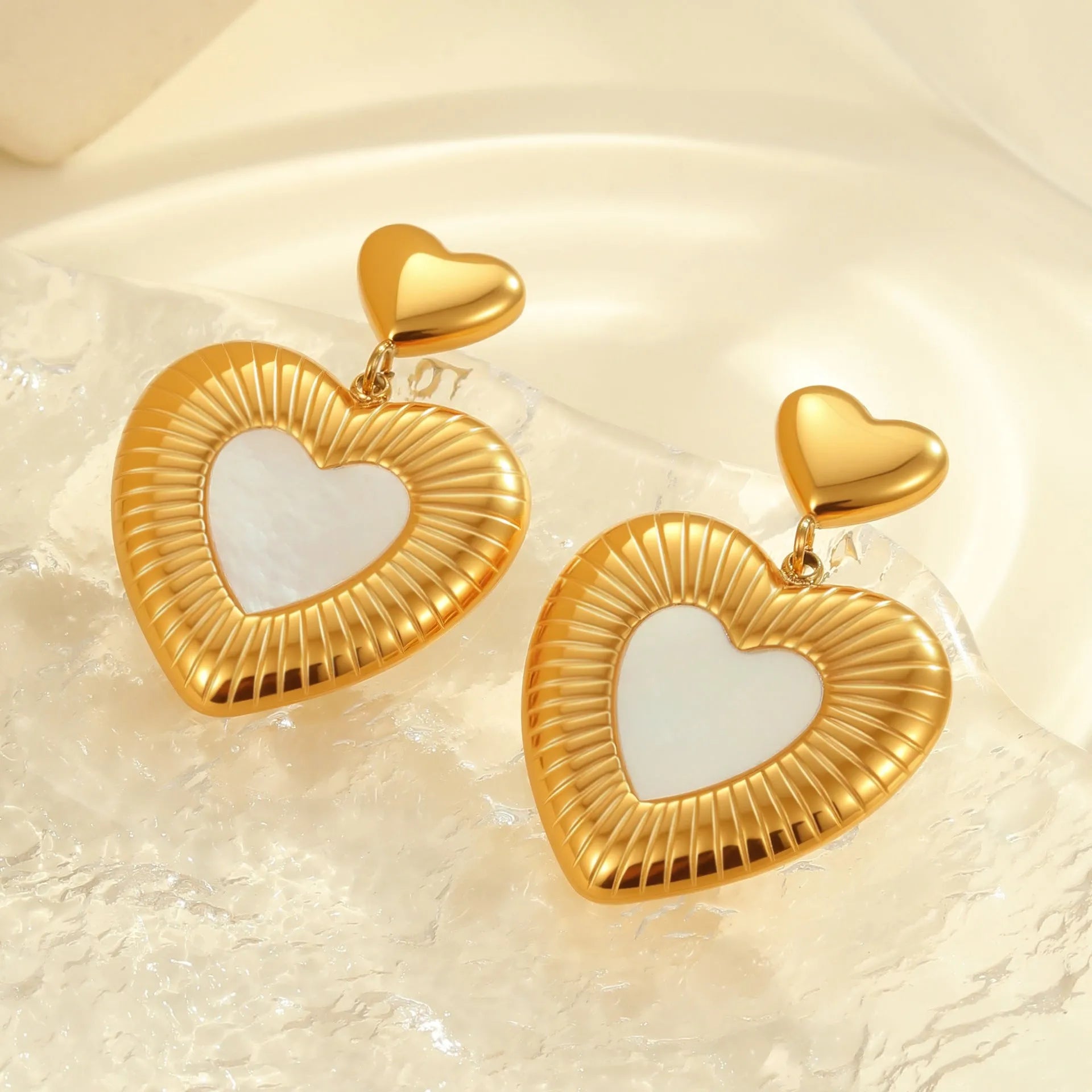 Gold heart-shaped stainless steel earrings with 18K electroplating for women