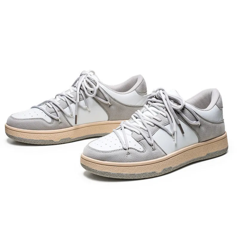 Men's low-top lace-up sneaker in beige with microfiber upper, rubber sole, and round toe design