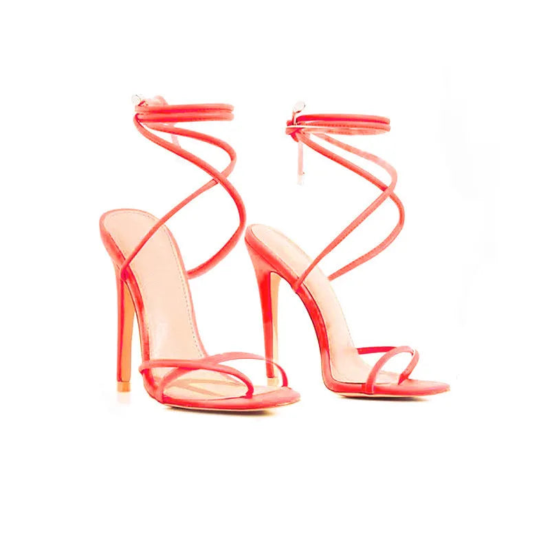 Candy Bright Toe Strap High Heels in rose red, showing microfiber upper, rubber sole, and toe strap design