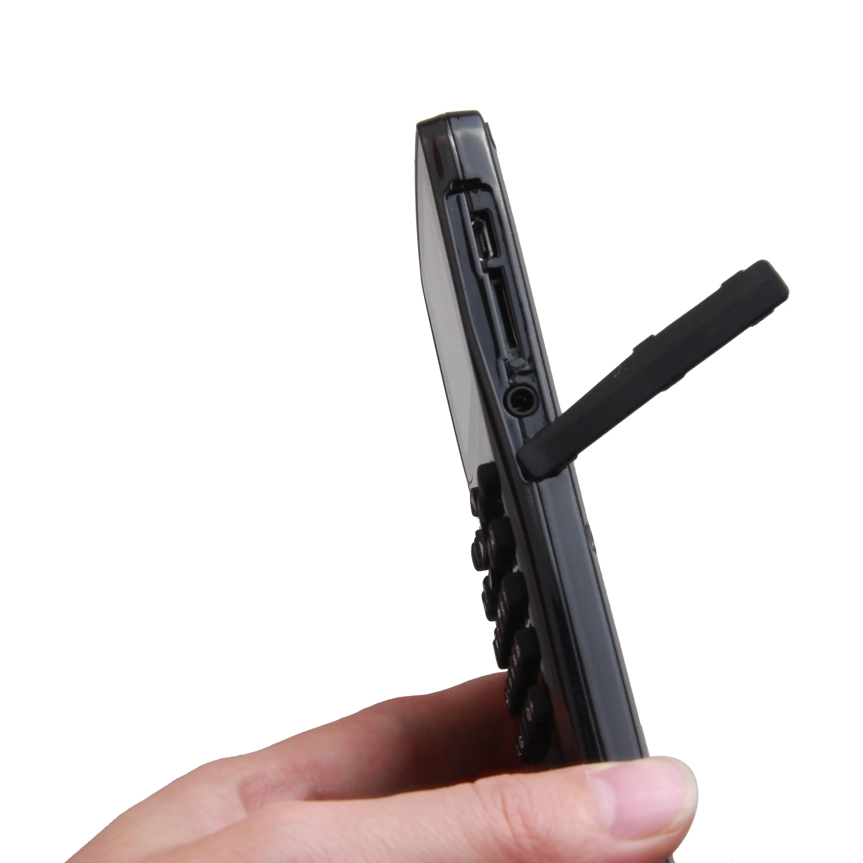 Black multifunctional e-book reader with compact screen and adjustable strap showing multilingual interface
