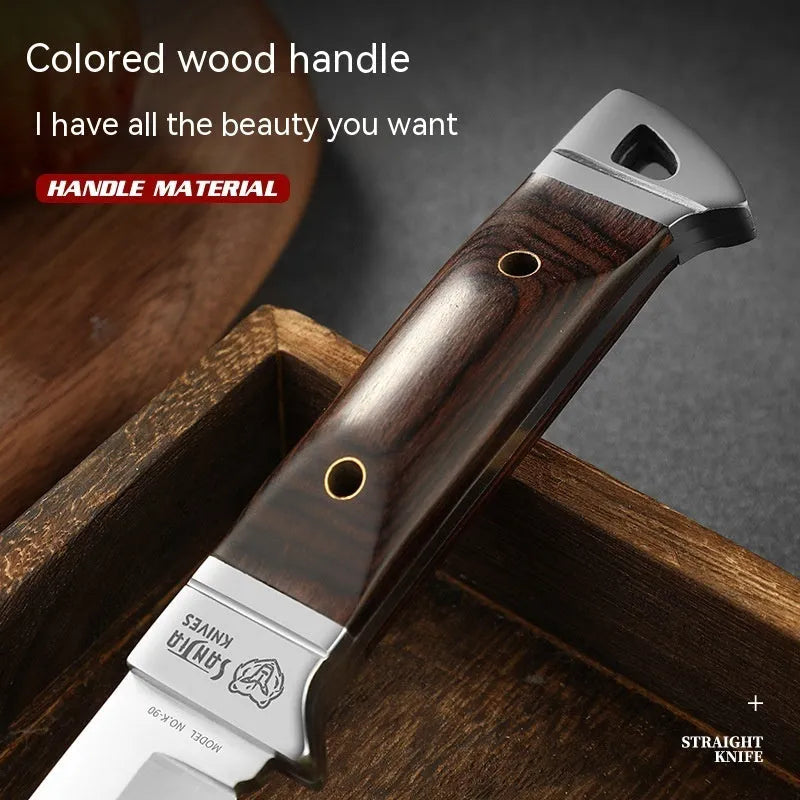 National style stainless steel camping fruit knife shown with its brown leather protective case.