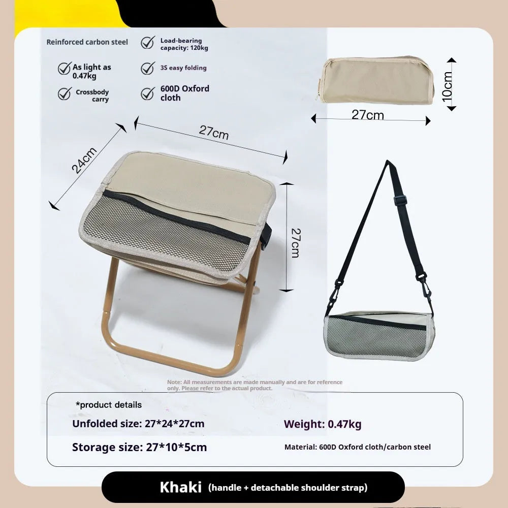 Lightweight foldable outdoor camp stool in Oxford cloth, shown folded and unfolded in khaki colour.