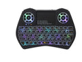 Mini wireless keyboard with flying mouse, touchpad, and RGB LED backlit in black, featuring Qwerty layout and USB receiver