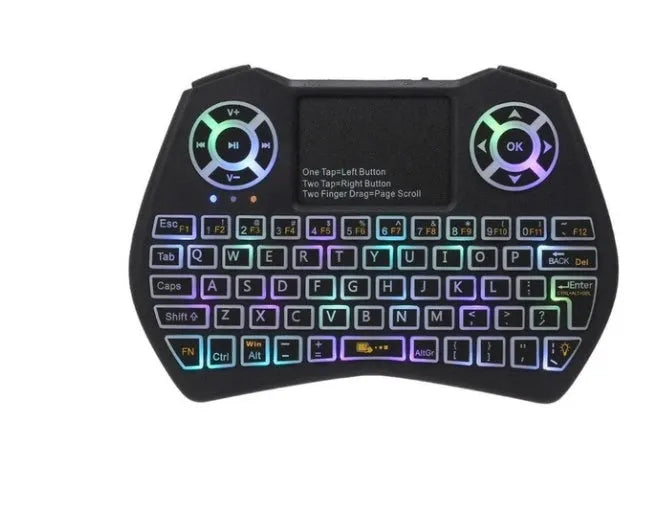 Mini wireless keyboard with flying mouse, touchpad, and RGB LED backlit in black, featuring Qwerty layout and USB receiver