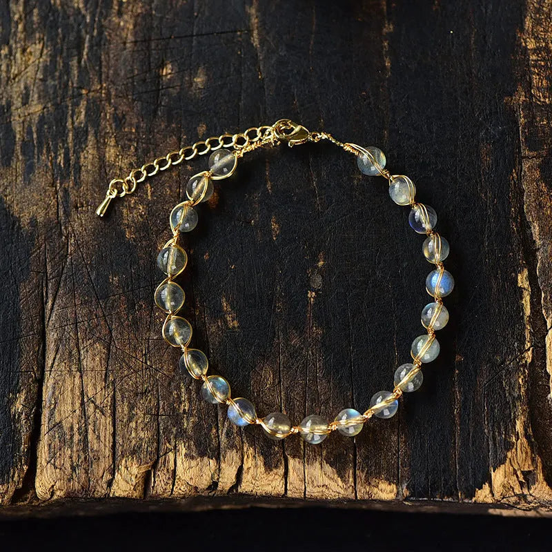 Women's bracelet with 6mm natural moonstone crystals and 14K gold-plated metal elements