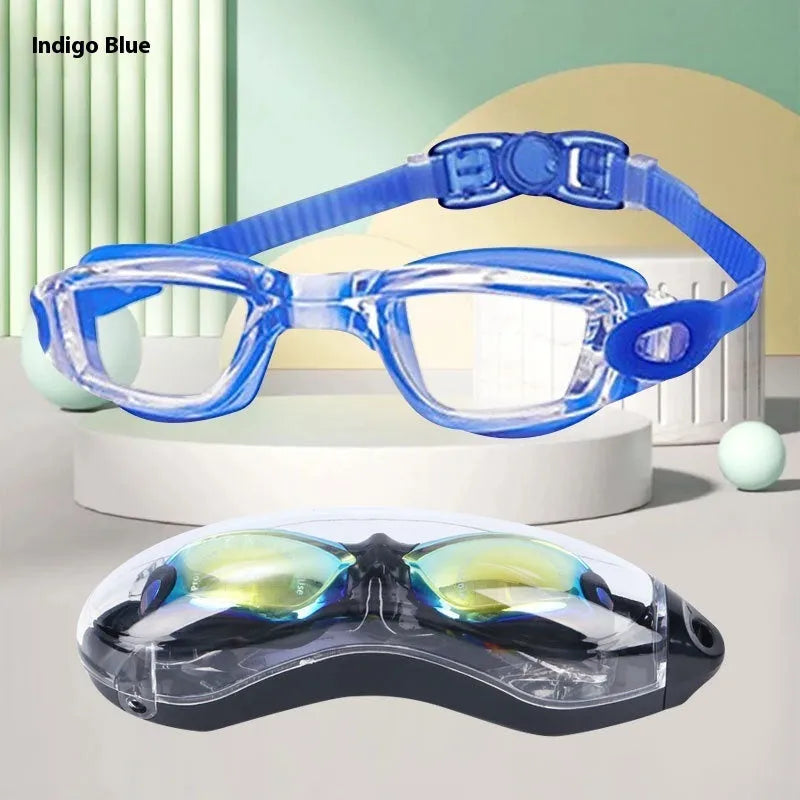 Children's large frame anti-fog swimming goggles in blue with silicone straps and glasses case