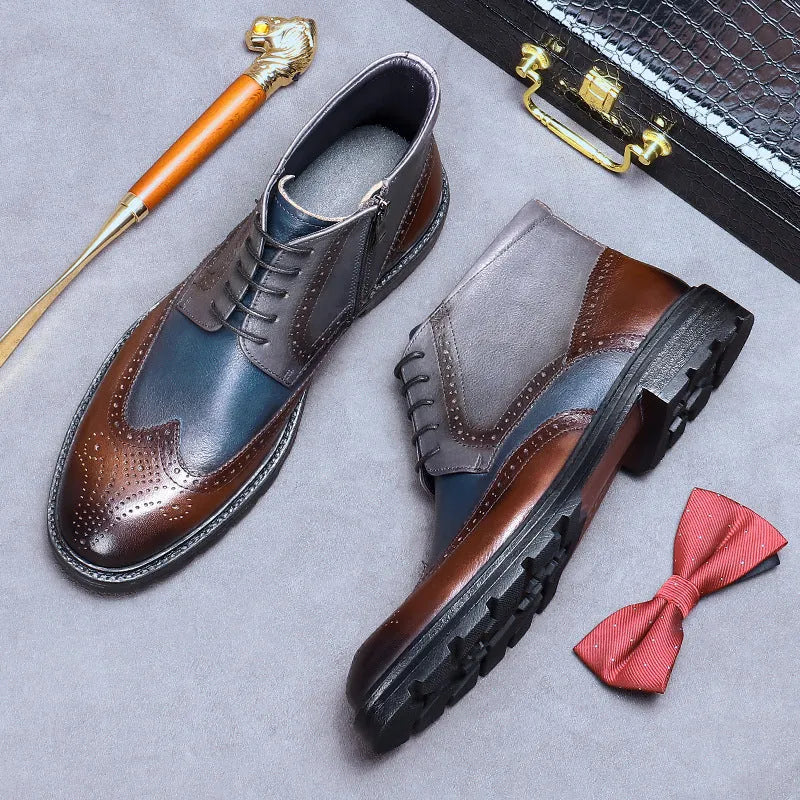 Men's curry blue cowhide leather brogue boots with front lacing and decorative stitching