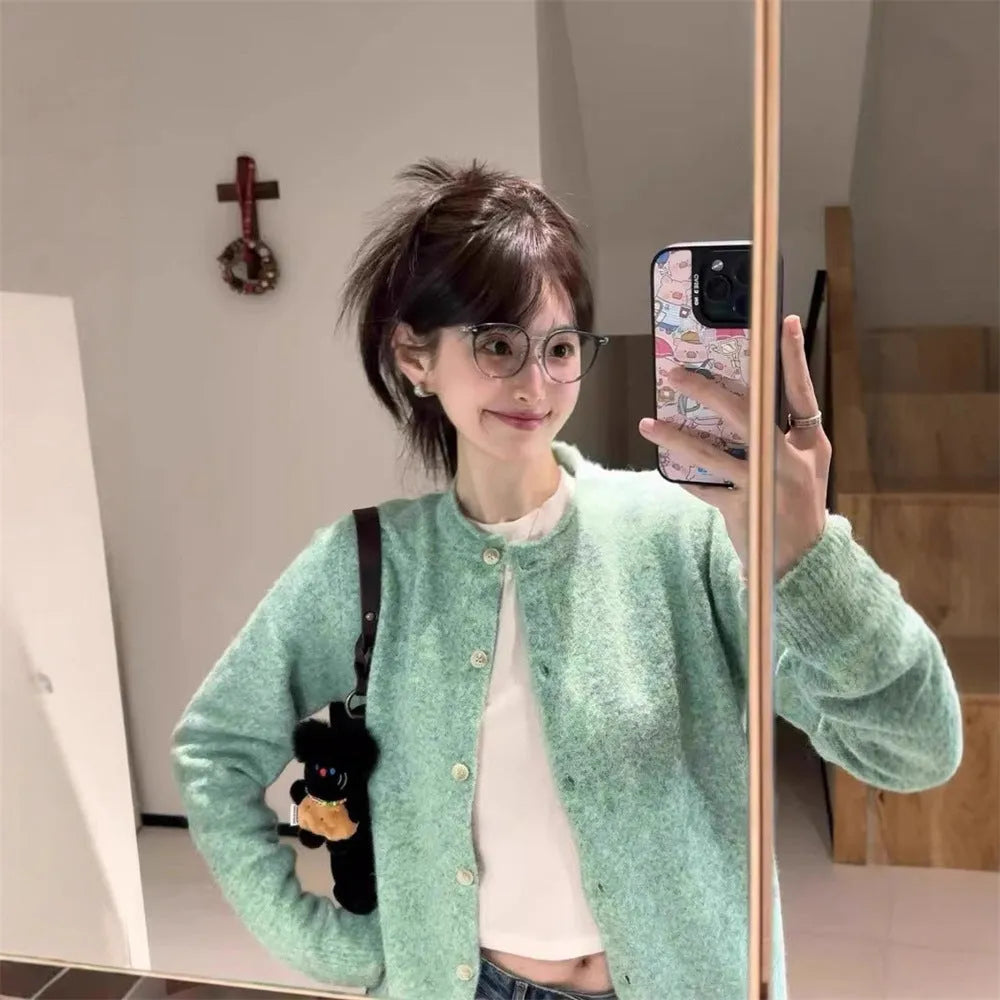 Loose fit long sleeve knitted cardigan for women in picture colour, polyester fabric with splicing design