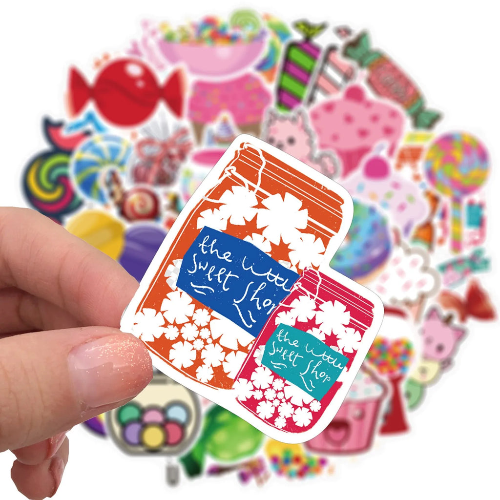 Pack of 50 colourful Candy series graffiti and cartoon vinyl stickers, each 4-6 cm long.