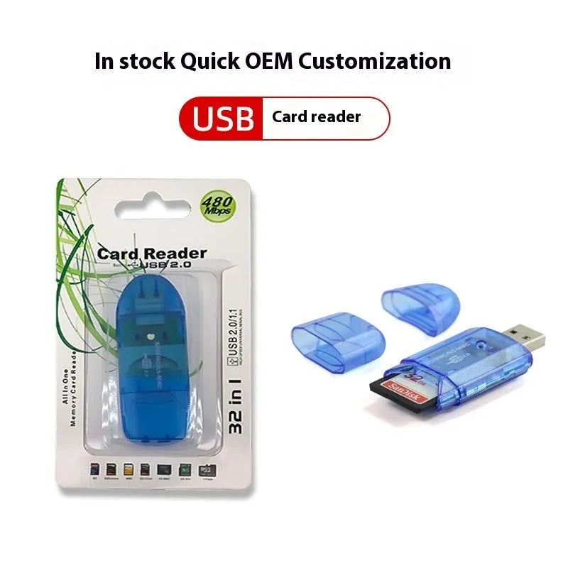 Transparent plastic USB card reader with LED illumination options for SD microSD MS memory cards