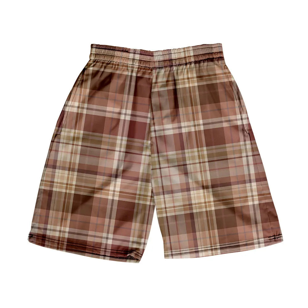 Men's plaid shorts with digital print pattern in polyester fabric, straight fit casual beach pants