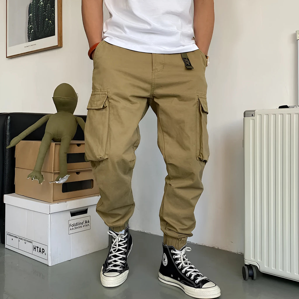 Men's pure cotton multi-pocket casual workwear pants in khaki with mid waist and ankle drawstring