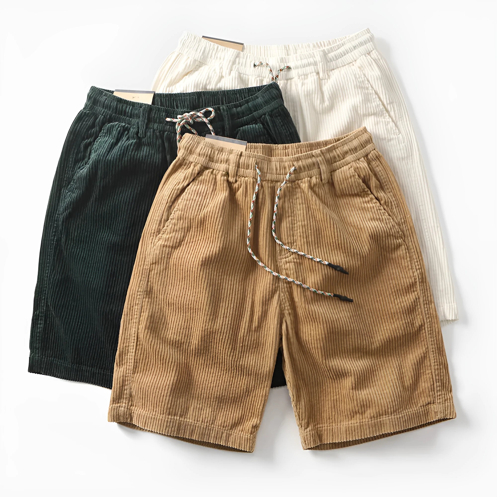 Men's khaki retro cargo shorts with straight leg and pockets on a mannequin.