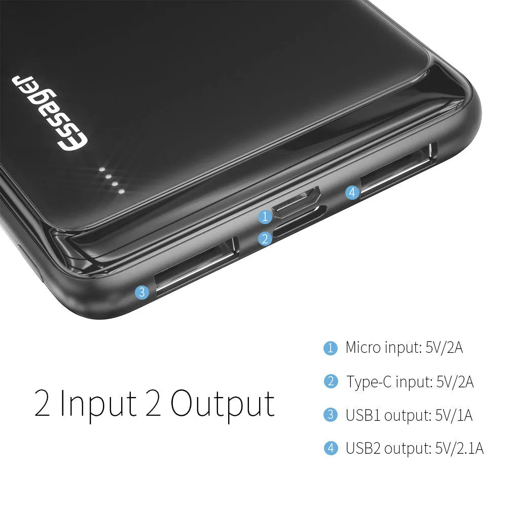 Essager Small Jane black and white 10000mAh portable power bank showing dual USB ports and LED indicator lights