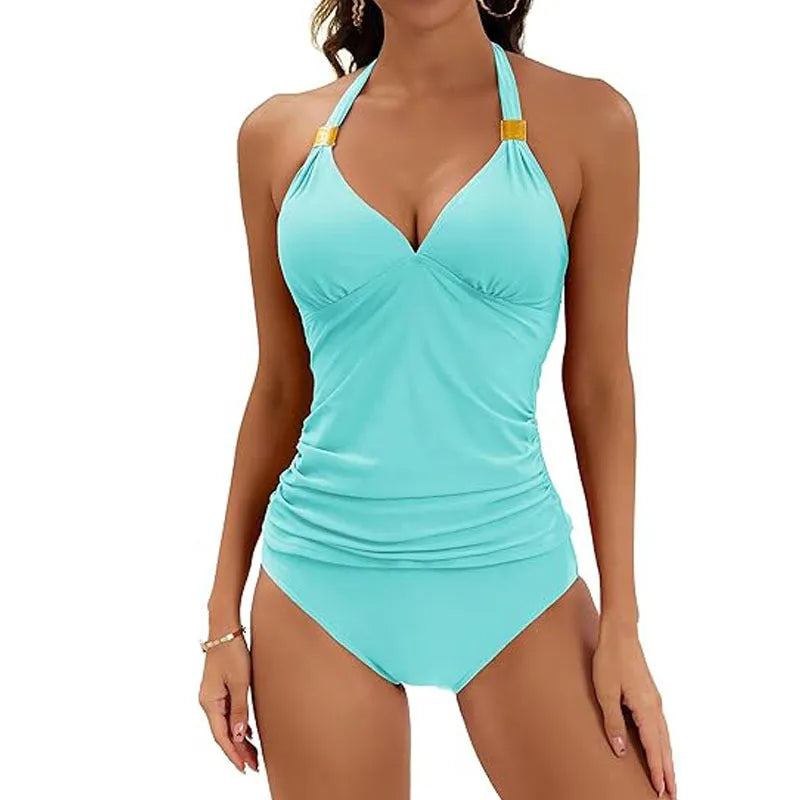 Women's red halter neck two-piece swimsuit with high-leg briefs