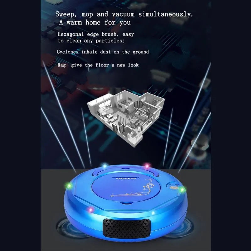 Lazy Smart floor sweeping robot vacuum cleaner in blue, black, or white colours with charging cable and cleaning accessories