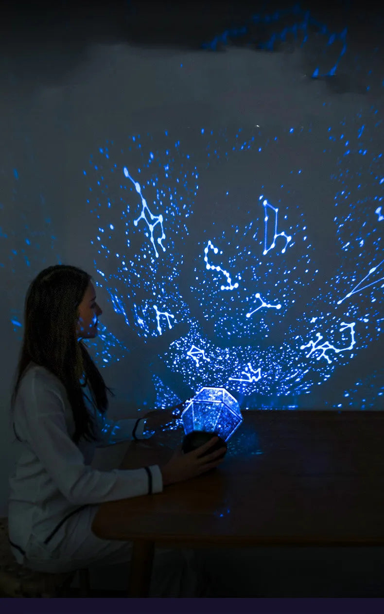 Children's rotating star LED night light projecting coloured stars onto a wall, powered by a USB cable.