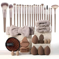 40-piece makeup sponge set in coffee brown, pink, and purple on white background