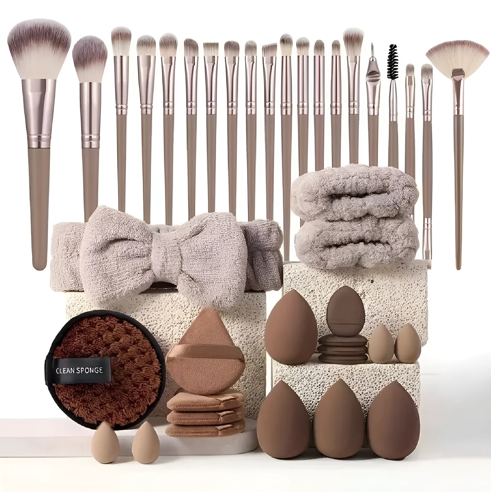 40-piece makeup sponge set in coffee brown, pink, and purple on white background