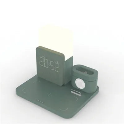 Dark green Qi wireless charger stand with foldable phone cradle showing 3-in-1 multifunction design